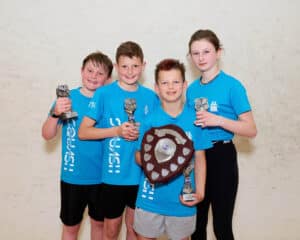 Winners and runners-up of the U13s Junior Closed Cup and Plate at Biddenden Squash Club in Kent, an England Squash-affiliated club.