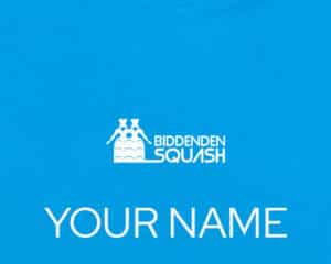 Biddenden Squash Club branded T-shirt in cyan featuring club logo – official club kit available to members.